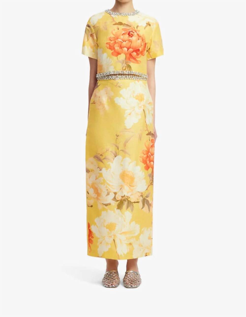 NEW LEO LIN kyra embellished midi skirt in peony print in yellow
